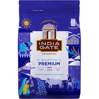 INDIA GATE Premium Basmati Reis – Feiner, aromatischer Langkornreis aus Indien, feines Langkorn (1 x 5 kg)