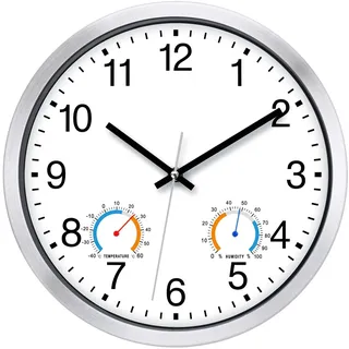 KIZLOC 30 cm Outdoor Uhr Garten Wasserfest mit Thermometer und Hygrometer, Gartenuhr Außen Wetterfest, Lautlose Batteriebetriebene Groß Wanduhr für Draußen Badezimmer Zuhause (Weiß)