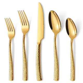 30 Teiliges Besteck Set 6 Personen Gold, Verdickter Edelstahl Besteckset mit Gehämmert Griff, Essbesteck Set mit Messer Gabel Löffel, Spiegel Polierter Spülmaschinenfest
