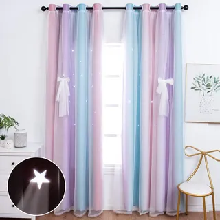 Unistar 2 Paneele Verdunkelungsvorhänge mit Sternen für Kinder Mädchen Schlafzimmer ästhetische Wohnzimmerdekoration Bunte doppellagige Sterne Ausschnitt Streifen rosa Regenbogen Fenster Wand