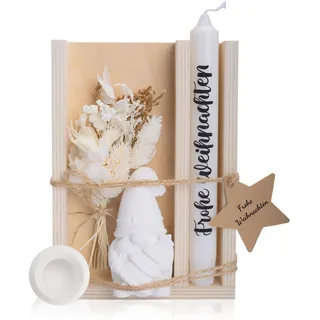 KKSJK, Kerzen Geschenkset Weihnachten mit Holztablett, Kerzenhalter, Wichtel und Trockenblumen, Frohe Weihnachten Geschenke, Weihnachts Geschenk für Freunde, Weihnachtsdeko Innen