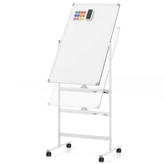 FANTASK Doppelseitiges mobiles Whiteboard, Magnetisches board mit Rädern, Ständer und Stifteschale, Höhenverstellbares Whiteboard aus Aluminium, 60 x 90 cm (Weiß)