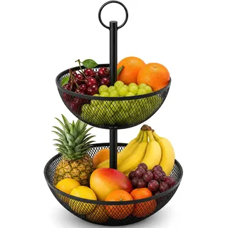 Cozary 2-Stöckige Runde Obstetagere mit Griff, , Obstkorb & Etagere aus Metall, Vielseitige Nutzung als Brotkorb, Snackbar, am Buffett, Obstschale, Extra Platzsparend & Stabil, Schwarz