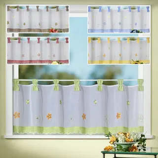 heimtexland Gardine Country Chic Scheibengardine FRÜHLING Vichy-Karo Schlaufen-Bistro Landhaus rot mit Blumen Bestickt HxB 45x150 cm - sehr schöner Fall...auspacken, aufhängen, fertig! Typ78