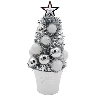 Mini Lametta Weihnachtsbaum Mit Kugeln 20,5 Cm Dekoration - Silber Und Weiß