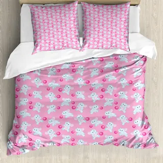 ABAKUHAUS Elefant Bettbezug, Girly Glückliche Tiere, Milbensicher Allergiker geeignet mit Kissenbezügen, 200 cm x 200 cm - 80 x 80 cm, Rosa Baby Blue - Rosa