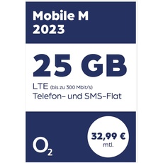 Telefónica O2 Mobile M (2023) Handytarif - LTE & 5G Netz, 25GB Datenvolumen, Sprach und SMS Flat, EU-Roaming, 24 Monate Vertragslaufzeit