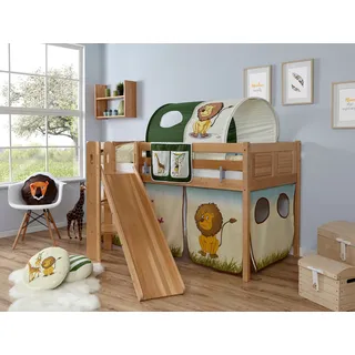 Ticaa Hochbett "Ekki" mit Rollrost und Textil-Set wahlweise mit Matratze, Buche, buche natur lackiert, safari