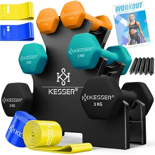 KESSER® Hanteln 3 Paar (2x 1,2,3kg) = Gesamt 12kg | Kurzhanteln Set mit Ständer | Fitness Hantel | Hantelset mit Übungsheft, 2x Fitnessbänder Orange - Orange