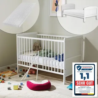 Kids Collective Babybett umbaubar zu Kinderbett 60x120 mit Matratze Lattenrost und Raufallschutz Vollholz 120 x 60 | weiss sehr stabil Europe - weiß