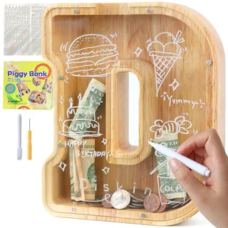 Lakpopya Spardose für Kinder Jungen Mädchen Sparschwein Kinder Spardose Personalisiert Durchsichtig Spardose Buchstabe Holz A-Z mit Zielbereich & Aufkleber & Marker, Taufe Geschenk Dekoration (D)