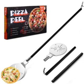 Homikit Pizzaschieber, 22,8 x 25 x 112 cm Edelstahl Perforierter Pizzaschaufel, Rund Pizza Schieber mit Abnehmbaren Griff zum Leichten Gleiten auf Pizzastein, Pizzawender für Backofen Grill Steinofen