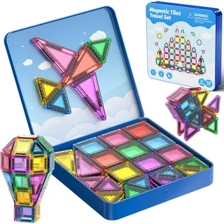 burgmate Magnetische Bausteine Reiseset 60-teilig mit Eisenbox: ab 3 Jahren | MINI Magnetfliesen, Reisespielzeug für Auto & Flugreisen, Kreativität & Sensorik Spielzeug, Geburtstag Geschenk für Kinder