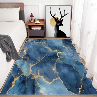 Generisch Abstrakter Blau Marmor Teppich Klein 50x80 cm, Blau Gold Marmor Motiv Fußmatte Innen für Schlafzimmer Küche, rutschfest Waschbar Weich Kurzflor Eingangsteppich QAZ66