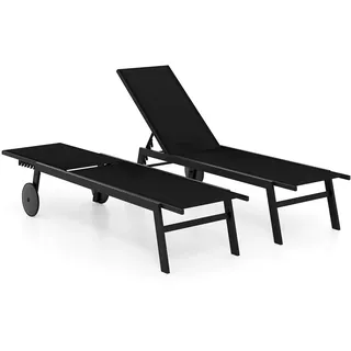 FANTASK Sonnenliege mit Rollen, Liegestuhl mit 6-Fach Verstellbarer Rückenlehne, Gartenliege aus schnelltrocknendem Stoff, Strandliege bis 150kg belastbar für Garten, Balkon (Schwarz, 2 Liegen)