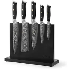 Wakoli Elite Cuisine I 6-teiliges Damast Küchemesser-Set mit magnetischem Messerblock & 5 Damastmessern I Klingen von 9-20 cm gefertigt aus Damaststahl mit Griffen aus G10 I Damastmesser-Set