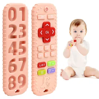 Zahnen Beißringe Spielzeug für Babys 3-6-12 Monate Geschenke, Fernbedienung Baby Zahnungshilfe für 3 6 9 Monate Kleinkind Autismus, Lebensmittelqualität Silikon Badespielzeug, Rosa