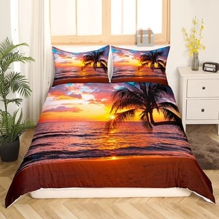 Loussiesd Frauen Ozean Beach Betten Set Für Kinder Erwachsene Mädchen Chic Meer Sonnenuntergang Landschaft Bettbezug Set Tropische Palme Bettwäsche Set 155x220cm Hawaiian Holiday Decor