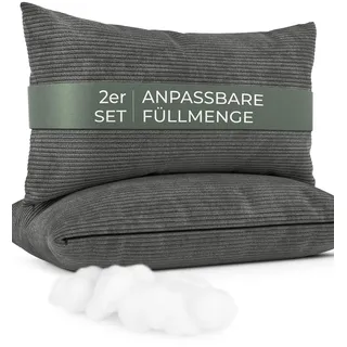 Sofakissen mit Füllung und Bezug 2er Set [extra bauschig] Cord Couchkissen groß 40x70 cm mit regulierbarer Dicke, Zierkissen Kord Bezug, Dekokissen für Sofa und Couch, hellgrau, Kordsamt Kissenbezug
