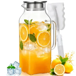 JITPOU Wasserkaraffe 2L Karaffe Glas mit Deckel Glaskaraffe | Quadratischer für Kühlschranktür Wasserkrug Glas Kaltes Heißes für Wasser Eistee Wein Saft Tee (Mit Becherbürste)