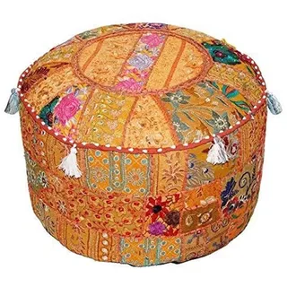 Aakriti Indischer Pouf Fußhocker Mit Stickerei, Baumwolle, Osmanische Abdeckung Mit Ethnischem Dekor - Orange, 46x33 cm