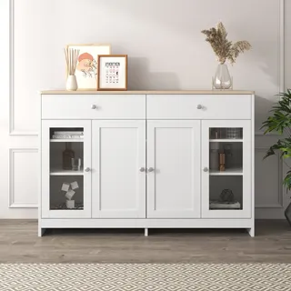 okwish Sideboard Beistellschrank Beistelltisch Kommode Aufbewahrungsschrank (vier Türen, mit zwei Schubladen, Tür mit Glas, Wohnzimmer, Esszimmer) - Weiß