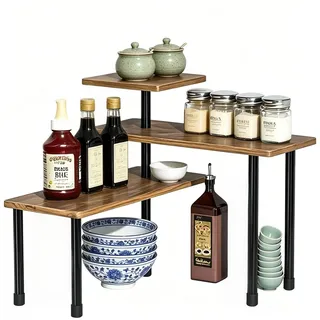 JUNANDHBAO 3 Stöckiges Eckregal Küche, Eckregal Küche Arbeitsplatte aus Holz, Verstellbar Küchenregal Arbeitsplatte, Küchenregal, Arbeitsplatten Organizer, für Kaffeebereich, Ohne Bohren (Schwarz)