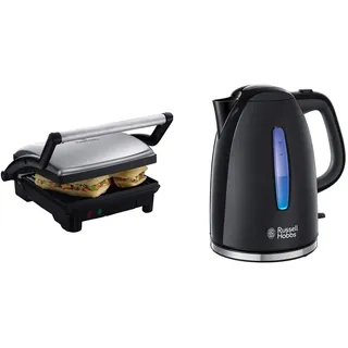 Russell Hobbs Kontaktgrill [3-in-1: Tischgrill - geöffnete Grillplatten | Panini & Sandwich Maker & Wasserkocher [1,7l, 2400W,blaue LED-Beleuchtung] Textures + Teekocher 22591-70