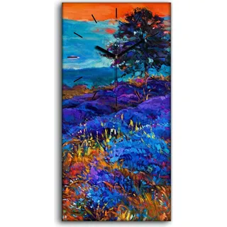 Wanduhr Leinwand Bild Uhr 30x60 Kunst Sonnenuntergang Lavendelfelder - schwarze Hände - Blau