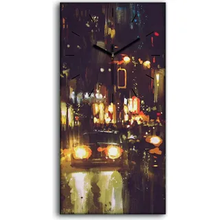 Wandbild Leinwand Bilder Wanduhr 30x60 Malerei Nachtstraße mit bunte Lichtern - schwarze Hände