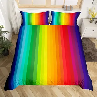 Loussiesd Regenbogen 2 Teilig 155x220 cm Bettwäsche Set Marmor Streifen Bunt Multicolor Microfaser Bettbezug Set für Kinder Junge Jugendliche Betten Set mit Reißverschluss und 1 Kissenbezug 80x80 cm