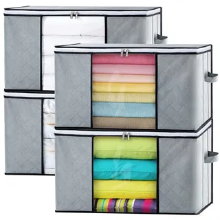 GoMaihe Aufbewahrungstasche 4 Set 90L Faltbare Aufbewahrungsbox mit Deckel Verstärktem Griff and Reißverschluss, Organizer kleideraufbewahrung für Aufbewahrung Bettdecken Kissen Kleidung Grau
