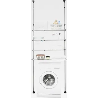 Teleskop Badregal mit 4 Ablagen Regal über der Waschmaschine oder Toilette WC ohne Bohren Badezimmerregal Teleskopregal aus Metall, Höhen und Breite Verstellbares, Schwarz - Schwarz