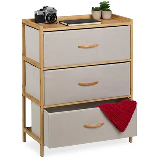 Relaxdays Kommode, Bambus, 3 Stoff-Schubladen, Flur, Schlafzimmer, HBT 73 x 57,5 x 30 cm, Schubladenschrank, natur/beige