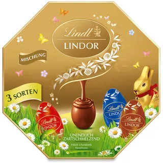 Lindt Schokolade LINDOR Oster Mix | 144 g Kassette | Zartschmelzende LINDOR Eier in drei Sorten: Vollmilch, Feinherb, Nuss | Osterschokolade | Schokoladengeschenk | 1er Pack