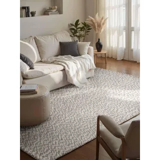 Elle Decoration Lyon - Wollteppich Beans, Natürlich & Handgemacht, Wohnzimmerteppich Wolle im Skandi Loop Design, Melierter Naturteppich mit Perlenstruktur - Natur Creme Grau, 160x230 cm