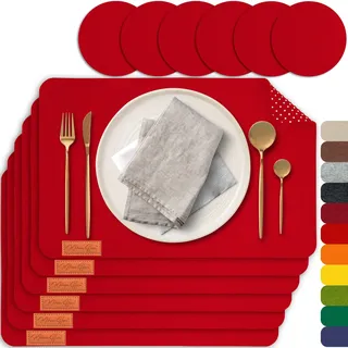 MAHEWA 6er Set Premium Tischset Platzset aus Filz rutschfest Ab-waschbar und Waschmaschinenfest Eckige Platzdeckchen Teller-Untersetzer Filzset Tisch-Matten Platz-Matten (Rot, 6er Set)