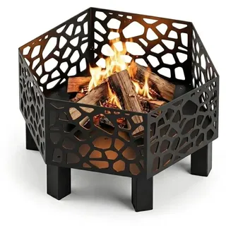 MetaloPro Hexa Vertex Feuerschale sechseckig – Feuerstelle Garten 70 cm, 3 mm Stahl geschweißt, Lasercut Winkel-Muster, schwarz pulverbeschichtet, EU-Herstellung
