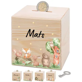 Bärenfreunde Personalisierte Kinderspardose, Spardose Junge, Mädchen | Holzspardose Kinder personalisiert, Taufgeschenke für Kind, Baby Geschenk Geburt, Holz Sparschwein mit Schlüssel