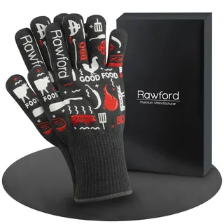 Rawford Grillhandschuhe hitzebeständig – Grillhandschuh & Grill Handschuhe mit Silikon-Grip – feuerfeste Handschuhe Kamin, BBQ- und Ofenhandschuhe Größe L mit Aufhängschlaufe & Innenfutter