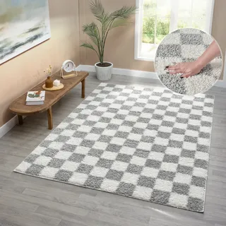 Hochflor-Teppich OTTO HOME "Kiiki, Karo-Muster" Gr. 4, grau, B:160cm H:30mm L:230cm, Kunstfaser, Teppiche, Hochflor-Teppich, Kariert, auffälliges Schachbrettmuster, Wohnzimmer, Schlafzimmer