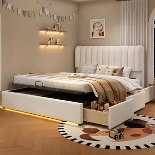 Merax Polsterbett 140x200 mit Gasdruckfeder, Kinderbett mit Bettkasten Hydraulik und 3 Schubladen, Stauraumbett mit LED Licht aus Samt, Beige - Weiß