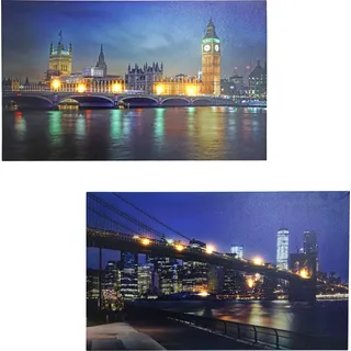 2er-Set LED-Bild, Leinwandbild Leuchtbild Wandbild, Timer Bridges 40x60cm - Bunt