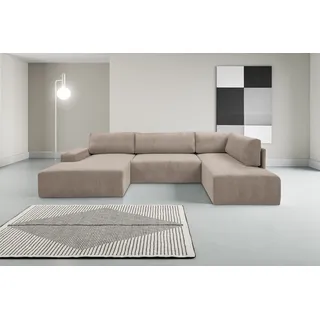 WERK2 Wohnlandschaft »Rotterdam-U, U-Form, in kuschelweichem Cord oder Breitcord« Design Sofa mit Schlaffunktion & Bettkasten, Cord, Hellgrau/Beige, grau