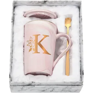 Joymaking Personalisierte Tasse mit Buchstaben Kaffeetasse mit Blumen Motiv, Namen Initiale persönliche Geschenke Kaffeetasse für Frauen Freundin, K - 400ml Rosa