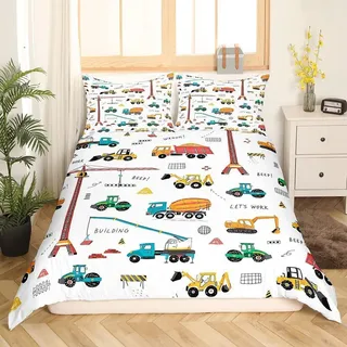 Bettwäsche Set Kinder Jungen Mädchen Baustelle Traktor LKW Motiv 200x200cm 3-teilig Mehrfarbig Microfaser