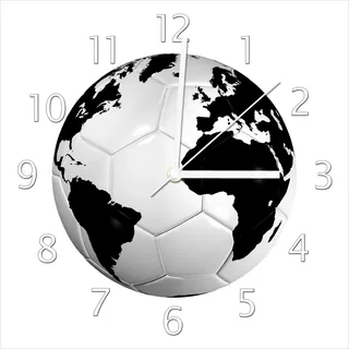Wallario Design Wanduhr Planet Fußball aus Echtglas, Größe 30 x 30 cm - Weiß