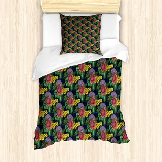 ABAKUHAUS Blumen Bettbezug Set für Einzelbetten, Tropisches Blatt Dschungel-Blumen, Milbensicher Allergiker geeignet mit Kissenbezug, 135 cm x 200 cm - 80 x 80 cm, Mehrfarbig - Bunt