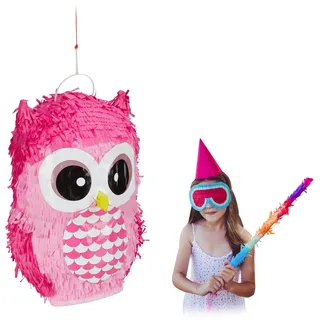 Relaxdays Pinata Eule, niedliche Tierpinata zum selbst Befüllen, Geburtstag, zum Aufhängen, Schlagpinata f. Kinder, pink, 1 Stück