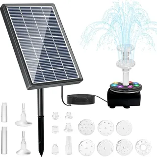 7W Solar Springbrunnen, Solar Teichpumpe Eingebaute 3000 mAh Batterie,Solar Fontäne Wasserpumpe Gartenbrunnen mit 10 Fontänenstile,Solarbrunnen für Draussen Außen für Garten Vogel-Bad Teich